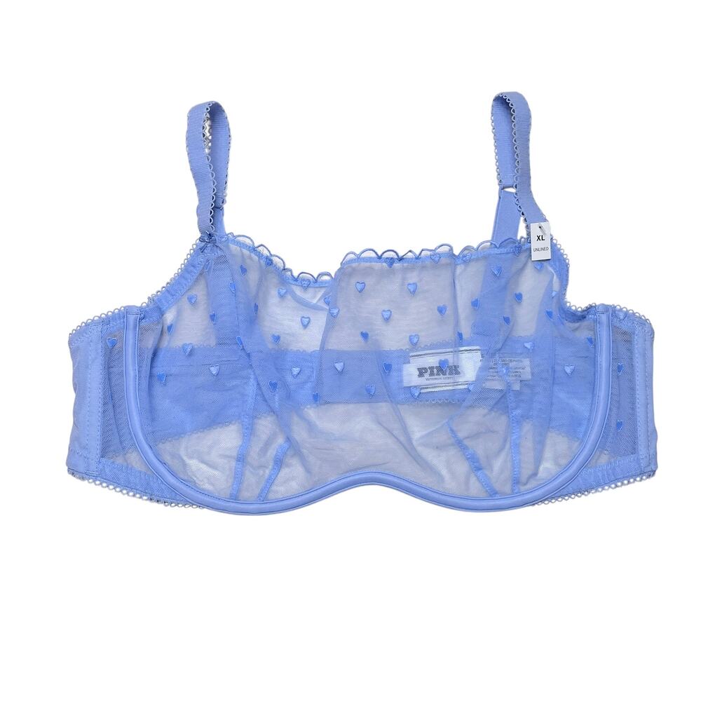 Victoria's Secret PINK Wink Scoop Bra Heart Embroidery Mesh Harbor Blue Size XL